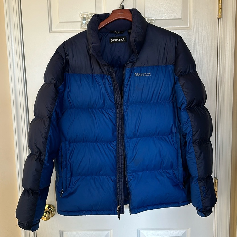 Marmot 650 fill XL navy and royal blue down jacket, like new condition